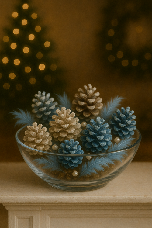 Dekoracja zimowa – szyszki, pióra, perełki | Potpourri naturalne niebiesko-białe 0.5 l